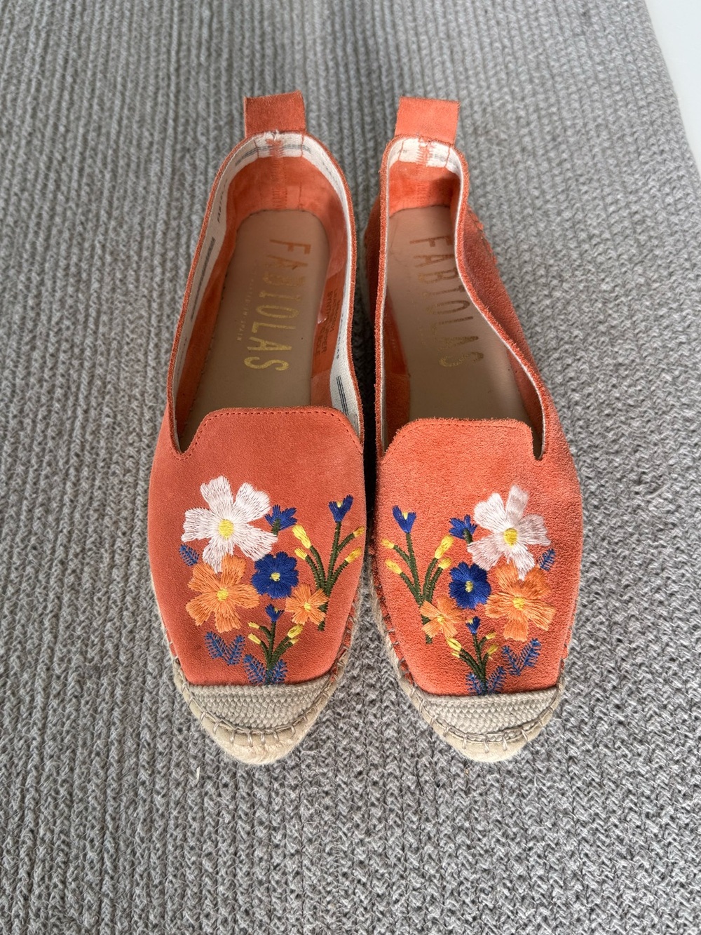 Fabiolas Floral Embroidered Coral Suede Leather Espadrilles Size 38 - Picture 2 of 15